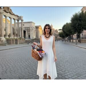 RONNI NICOLE White Sleeveless Fit/Flare Asymmetrical‎ Hem Lace Eyelet Dress L